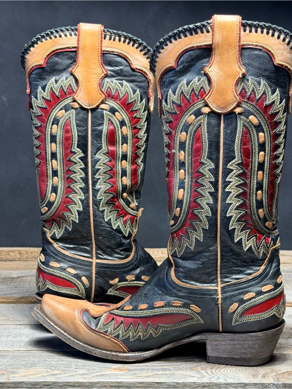 Old Gringo Black, Tan & Red Tooled Leather Cowboy Boots - Picture 7 of 13